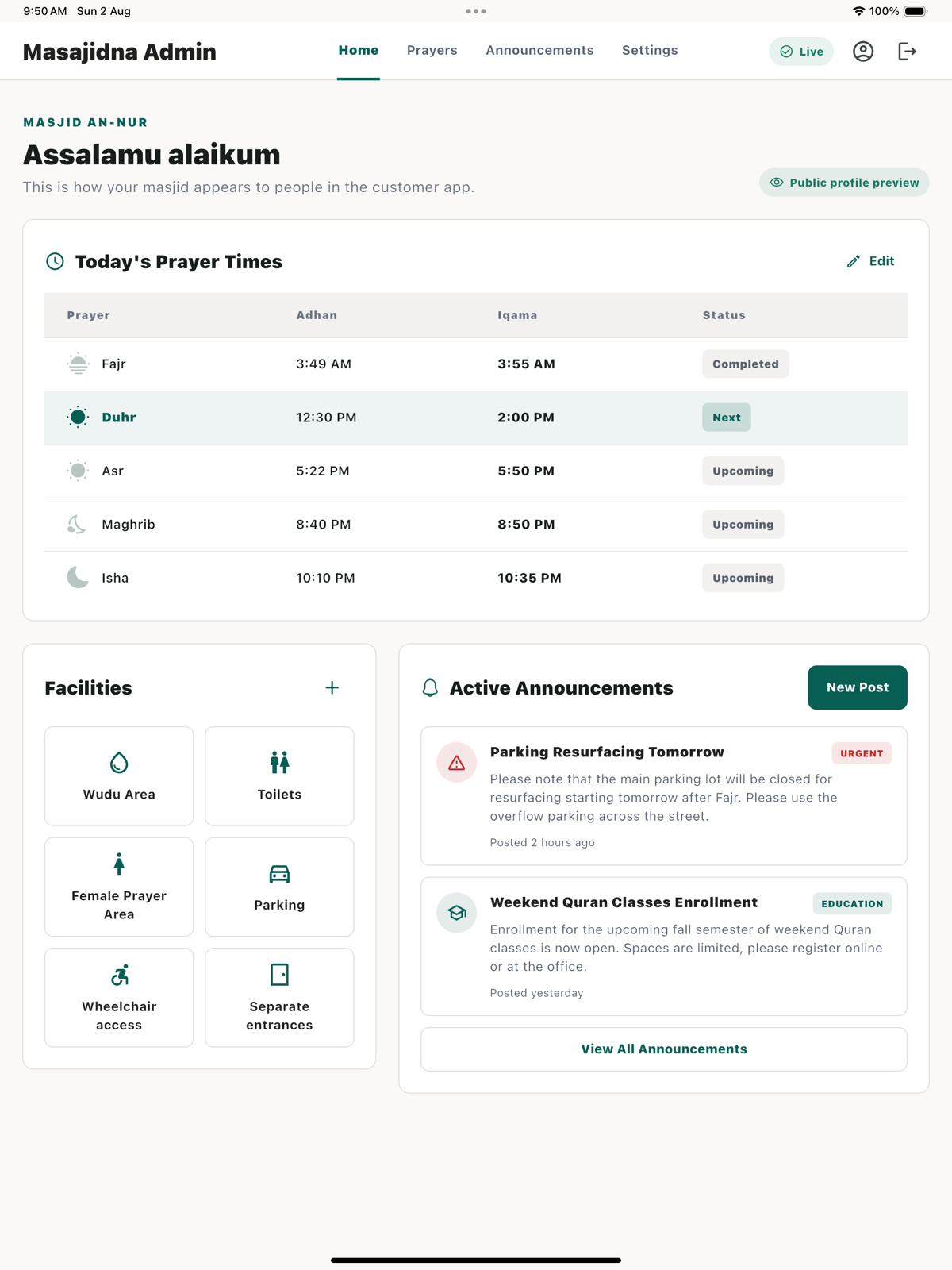 Admin home dashboard with today's prayers, facilities, and active announcements