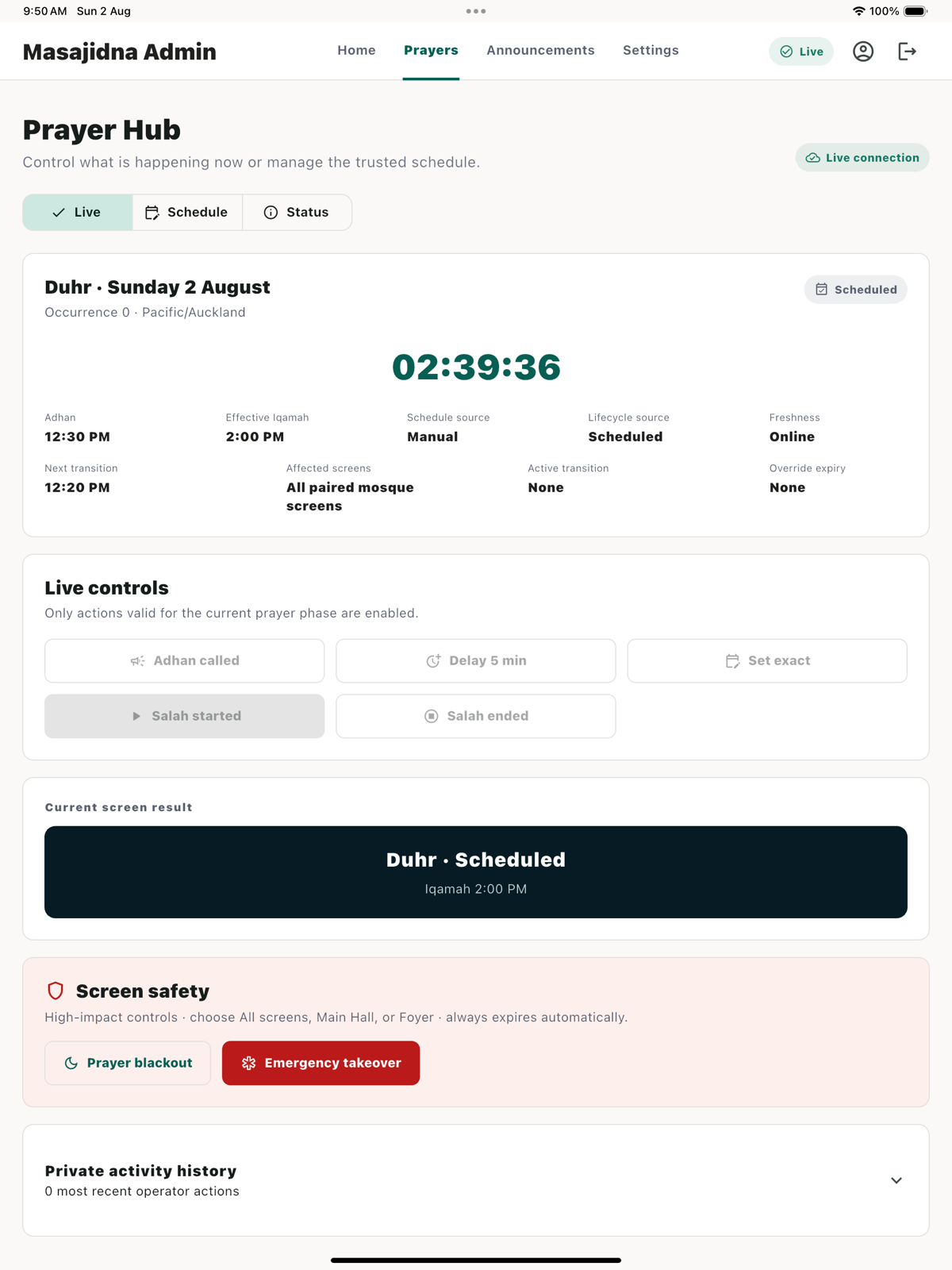 Admin live prayer controls with countdown, screen result, and safety actions