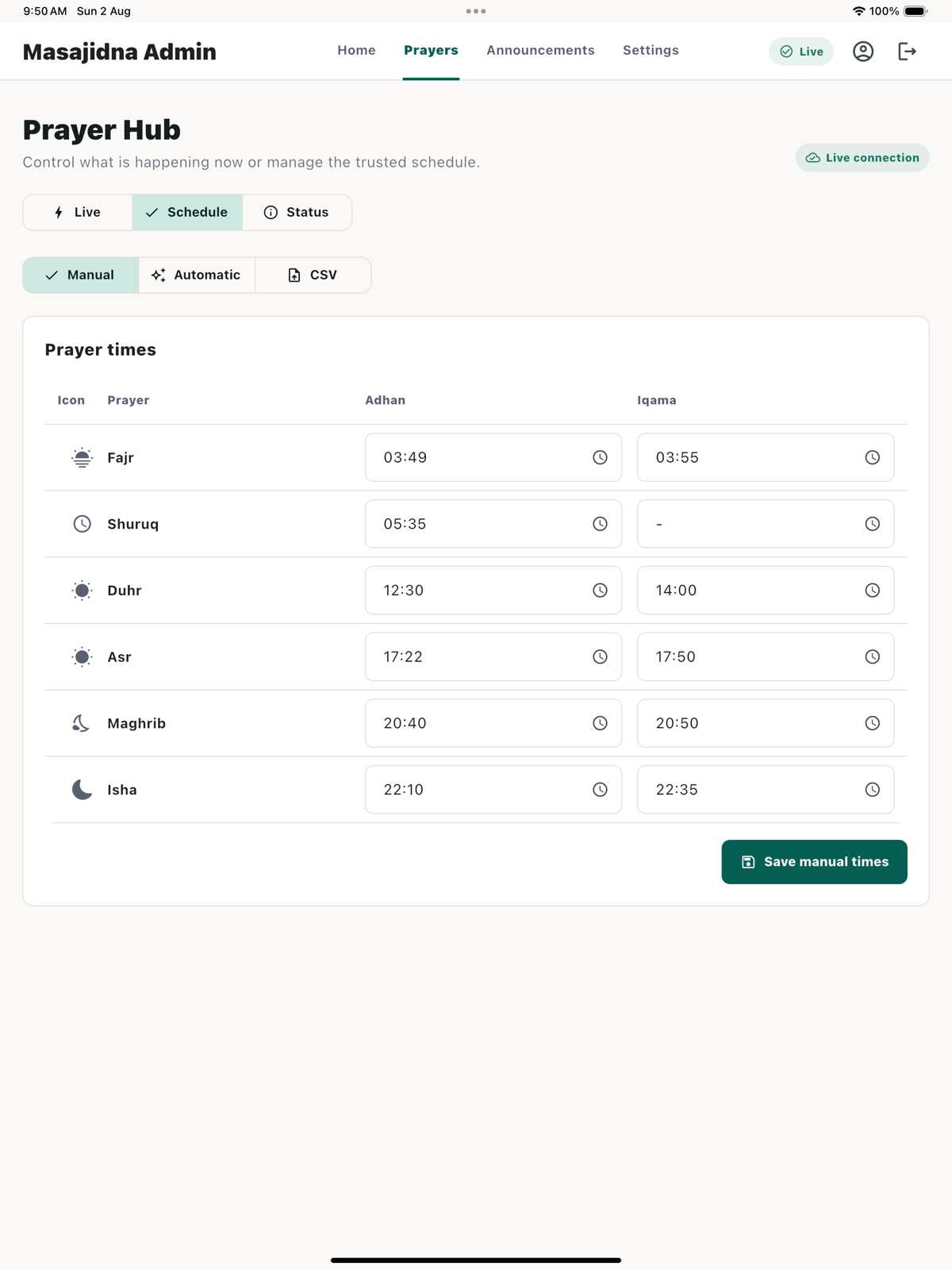 Admin prayer scheduling with manual, automatic, and CSV options