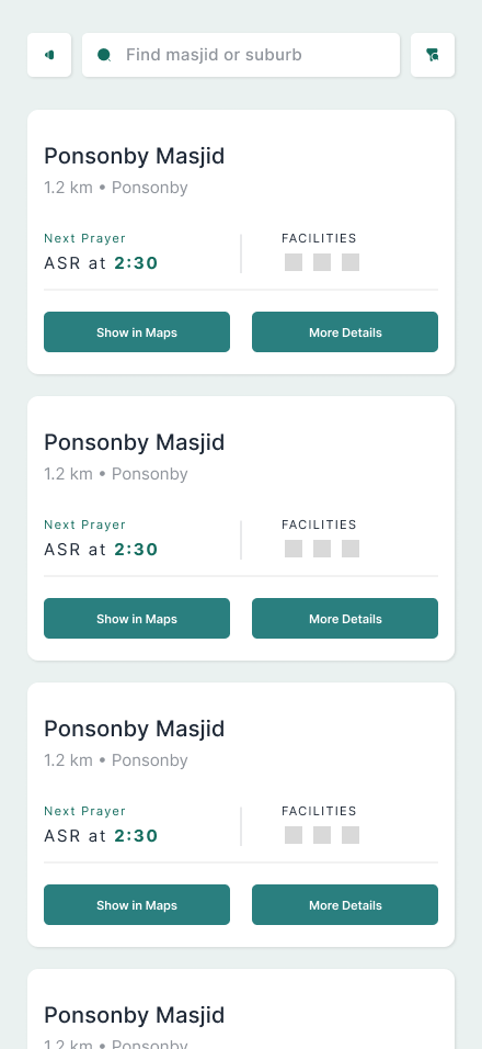 Masajidna mosque search showing nearby masjids, distance, next prayer, facilities, maps, and profile actions
