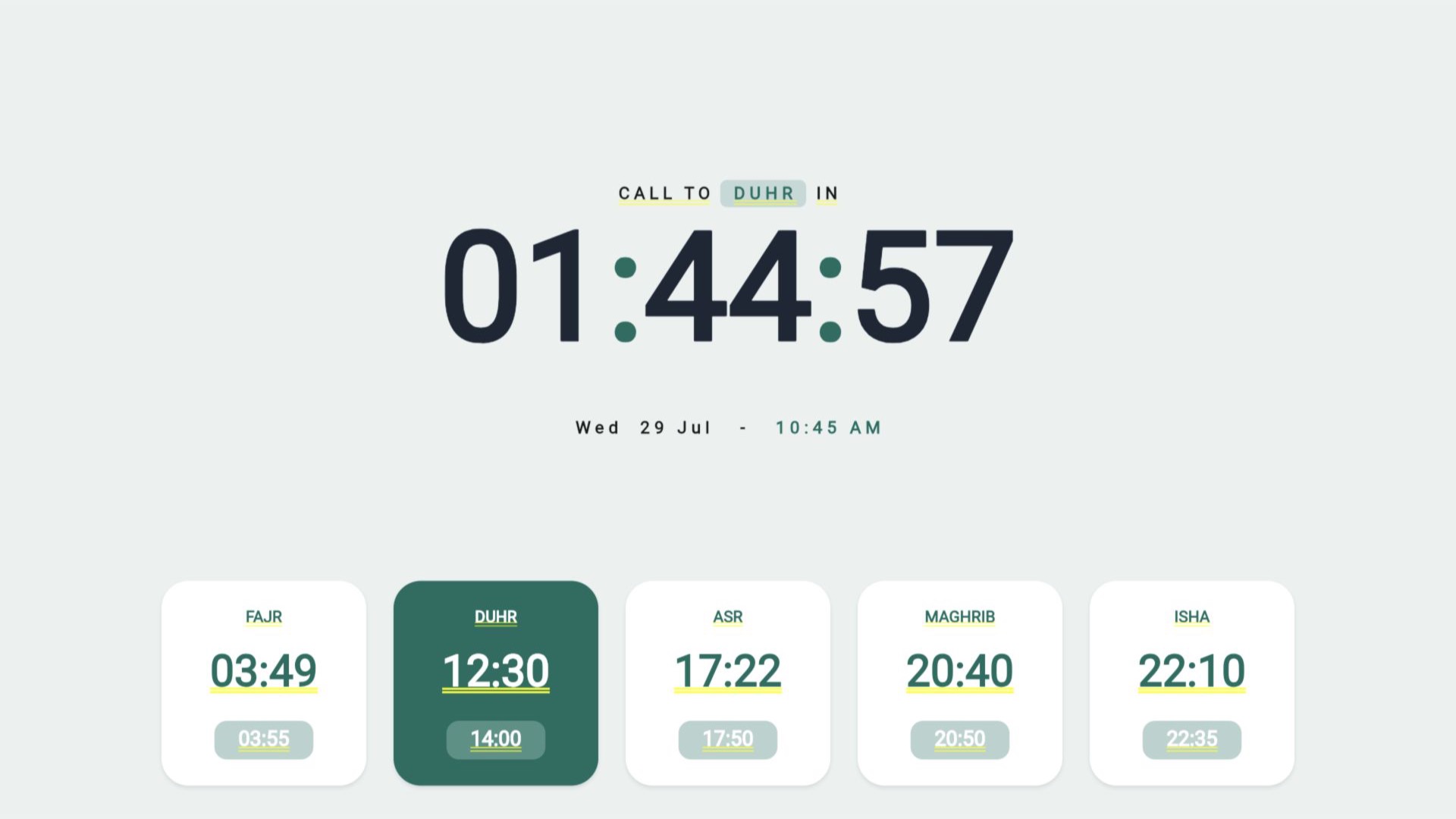 Masajidna Screen displaying the next prayer countdown and five prayer cards